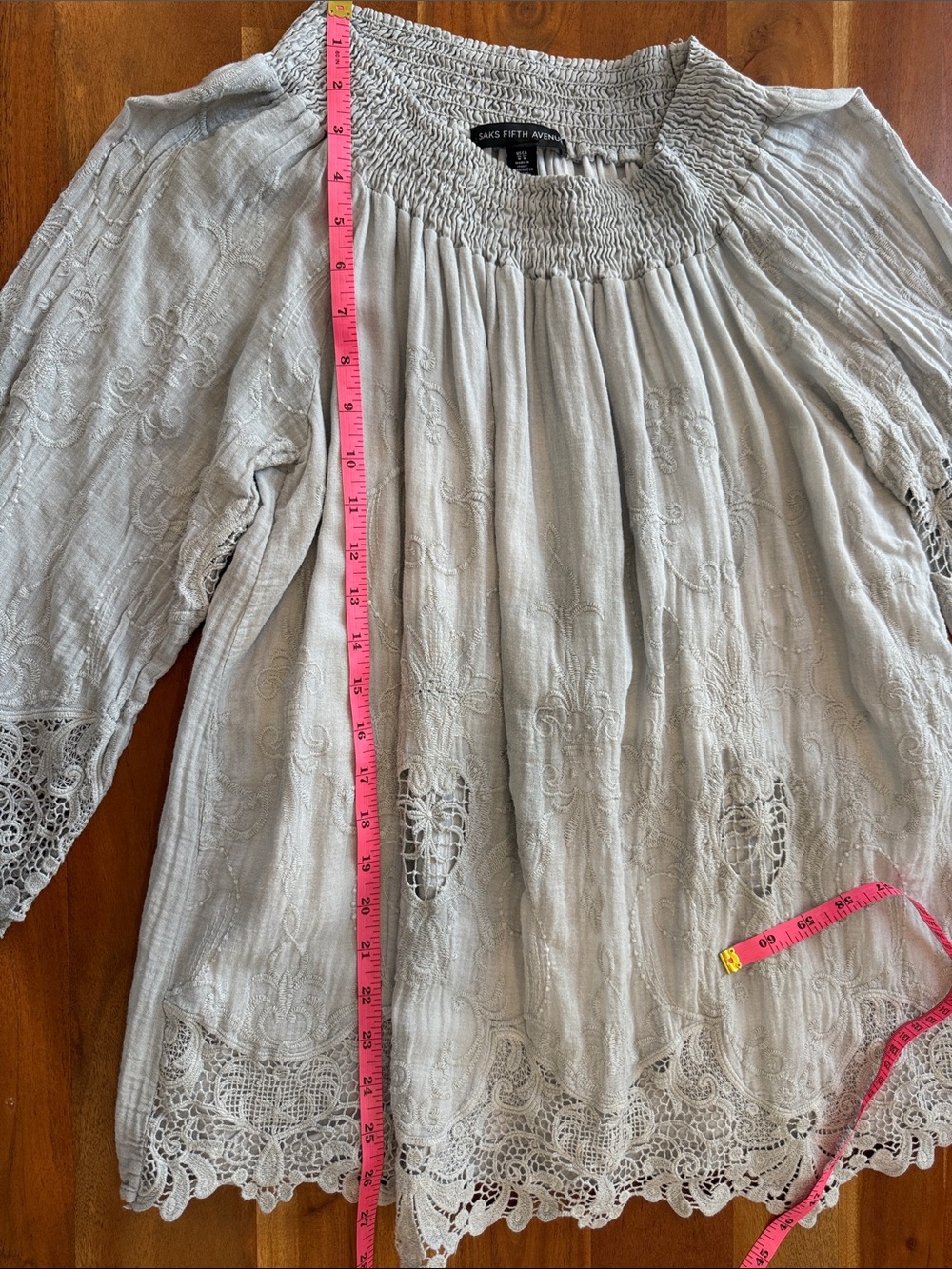 Saks Fifth Avenue Light Gray Lace-Trim Smocked Peasant Tunic - Picture 7 of 13